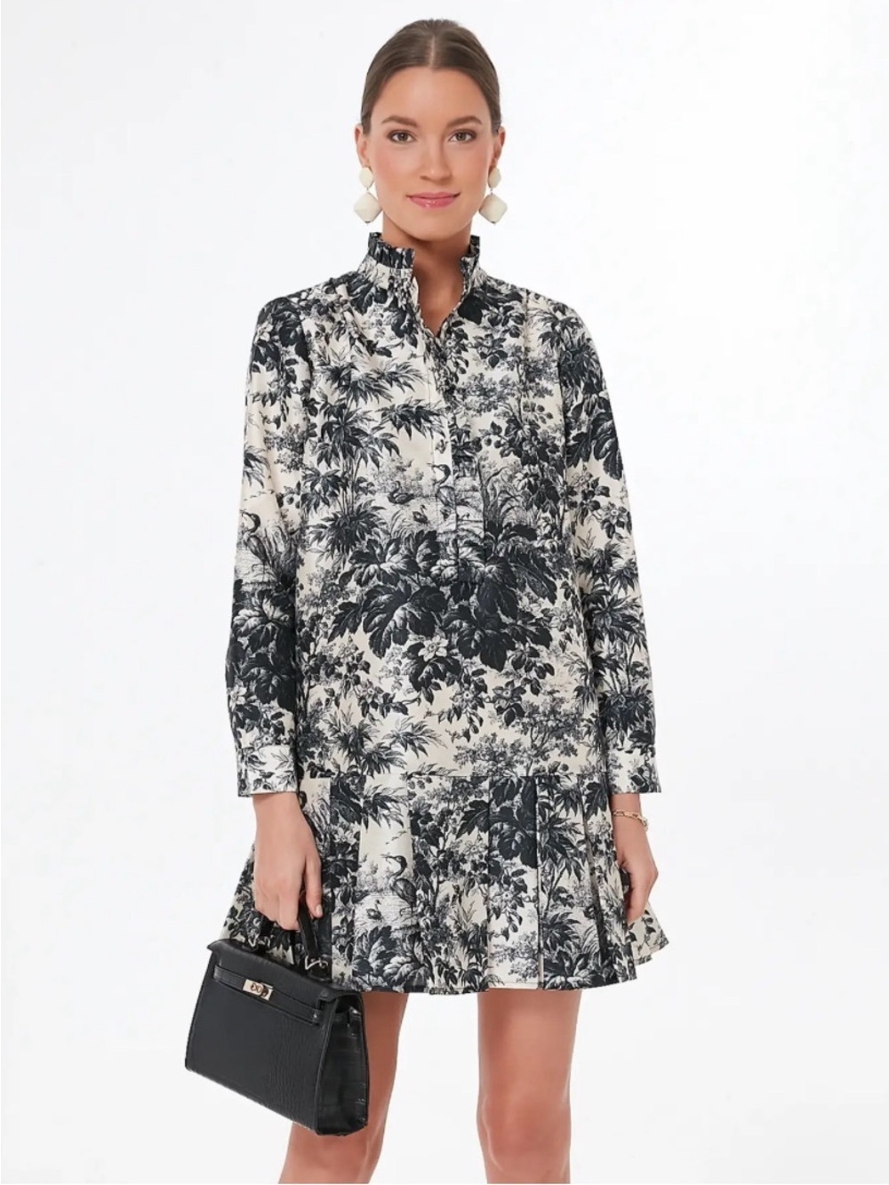 Tuckernuck Tate Mini Dress L Noir Cypress Toile Ruffle Collar Drop Waist Preppy